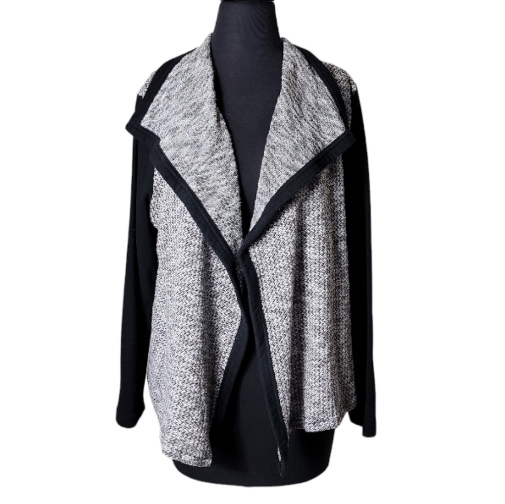 Sunday gray heather black trim open front fold collar cardigan sweater large